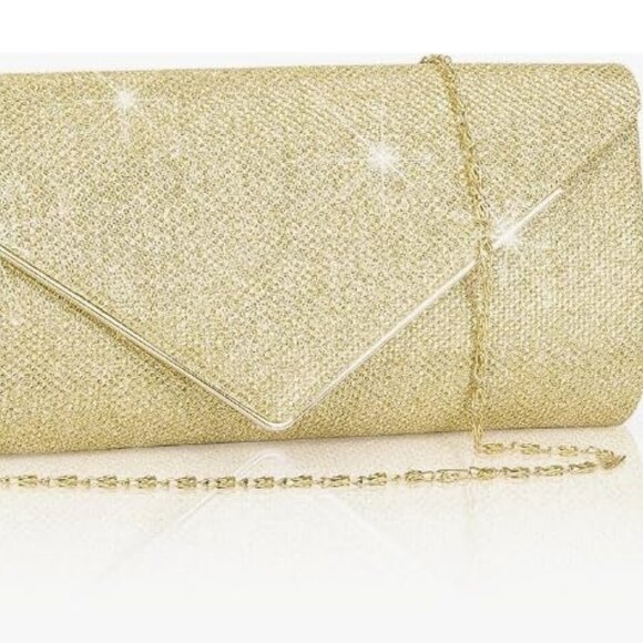 Women's Gold  Clutch Purses Sparkling Envelope Evening Bag Detachable Chain - Picture 9 of 9